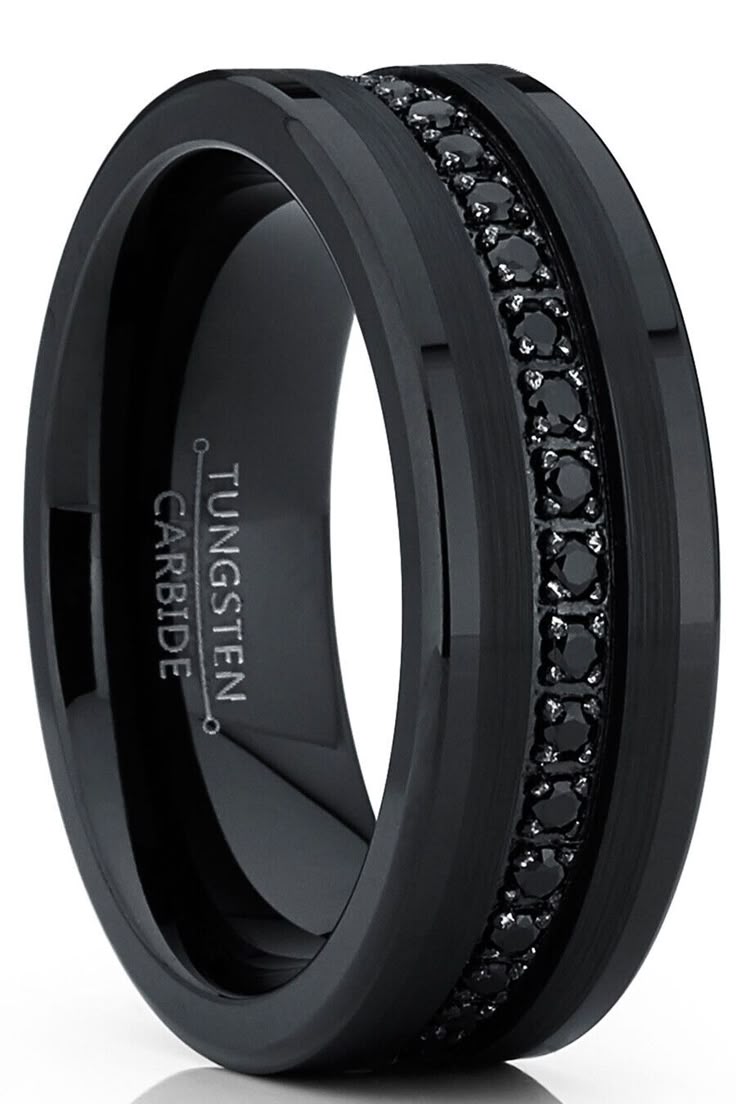 Tungsten Carbide Black Wedding Band Eternity Ring, Cubic Zirconia Inlay