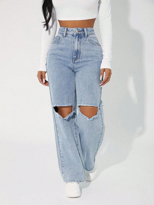 Single Button Cut Out Ripped Frayed Wide jeans