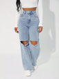 Single Button Cut Out Ripped Frayed Wide jeans