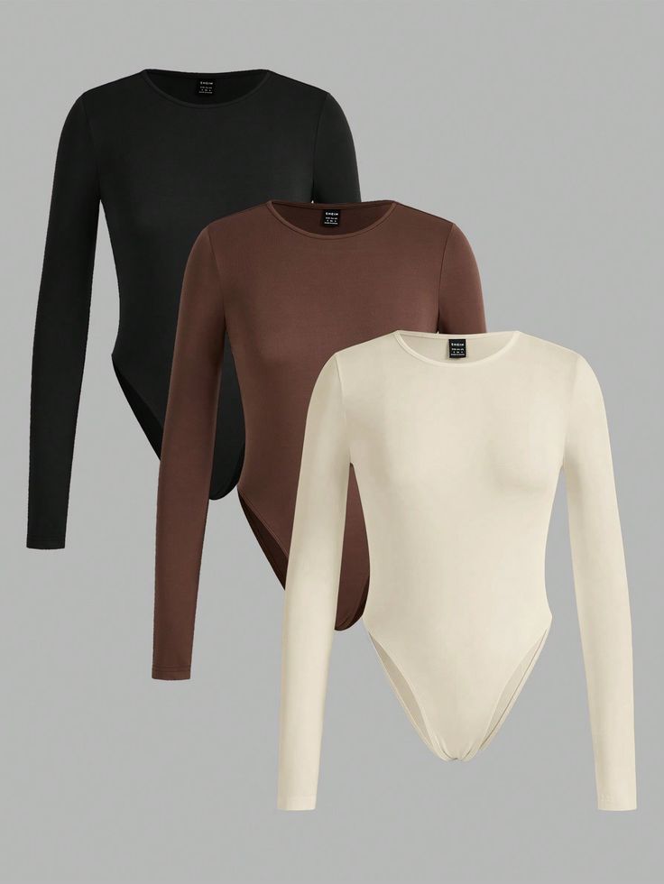 3 Piece Women's Square Neck Long Sleeve Bodysuit T shirts Body Suit Tops