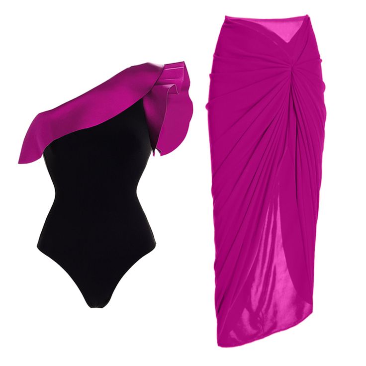 Shoulder Ruffle One Piece Swimsuit with Sarong