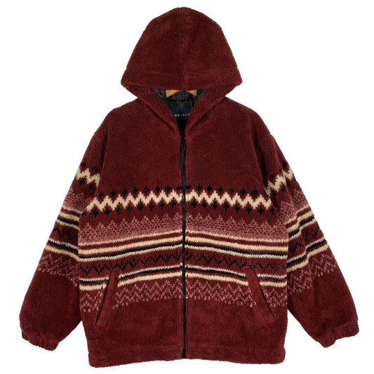 Vintage Japanese Brand Abstract Fleece Hoodie L Size Maroon