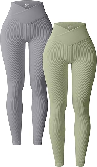 2 Piece Yoga Leggings Ribbed Seamless Workout High Waist