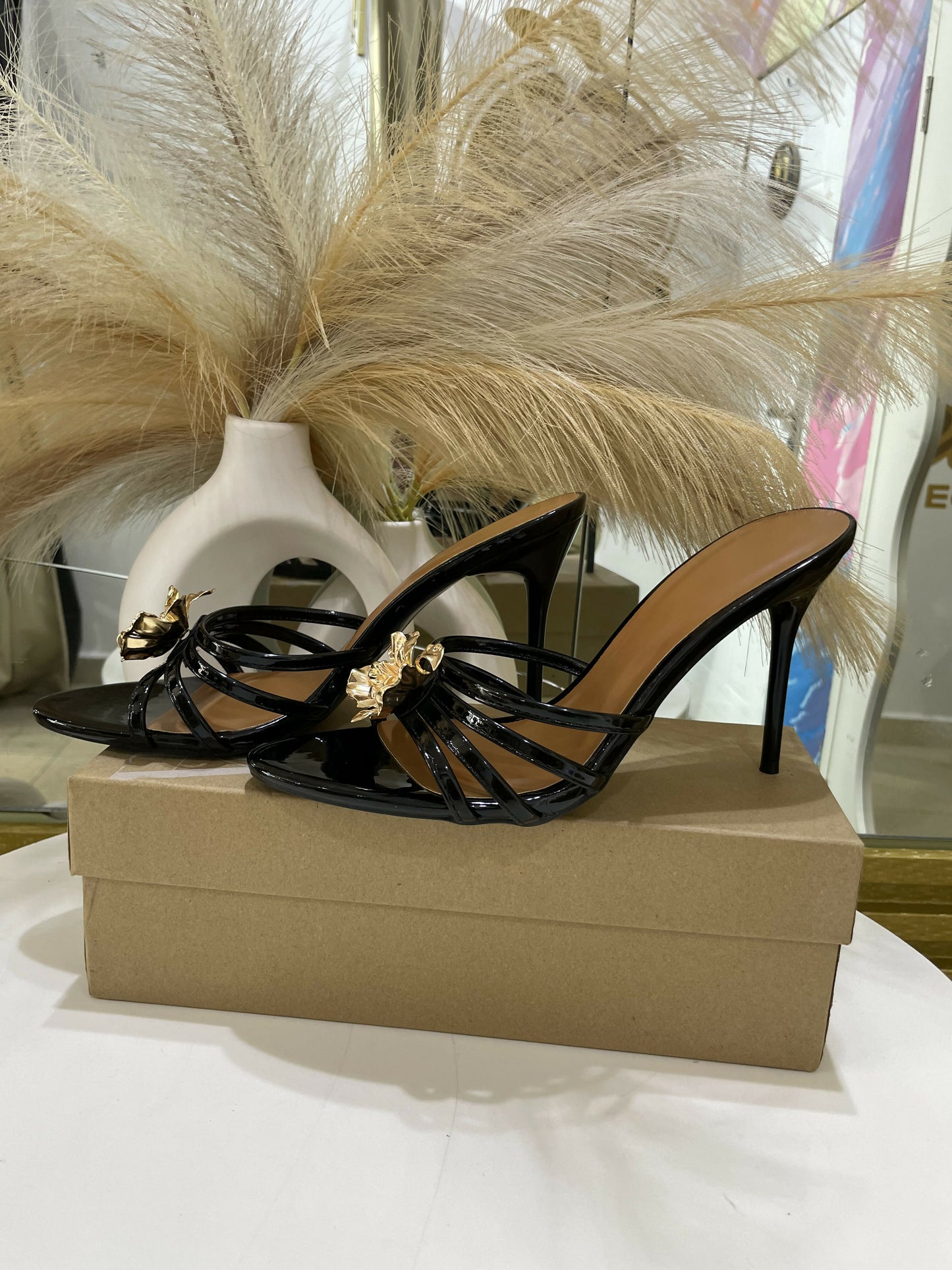Black Patent Gold Flower Mule Slippers Heel