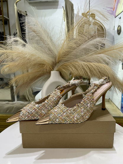 Tweed Slingback Pointed Toe Sandals Heel