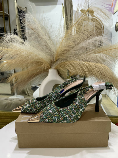 Tweed Slingback Pointed Toe Sandals Heel