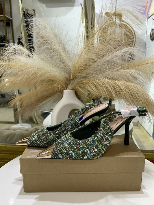 Tweed Slingback Pointed Toe Sandals Heel