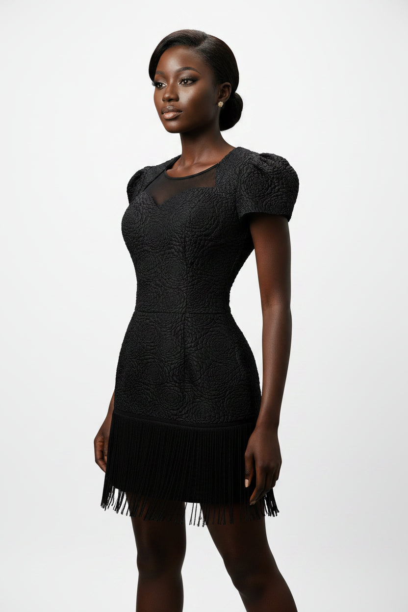 Rose Jacquard Fringe Mini Dress