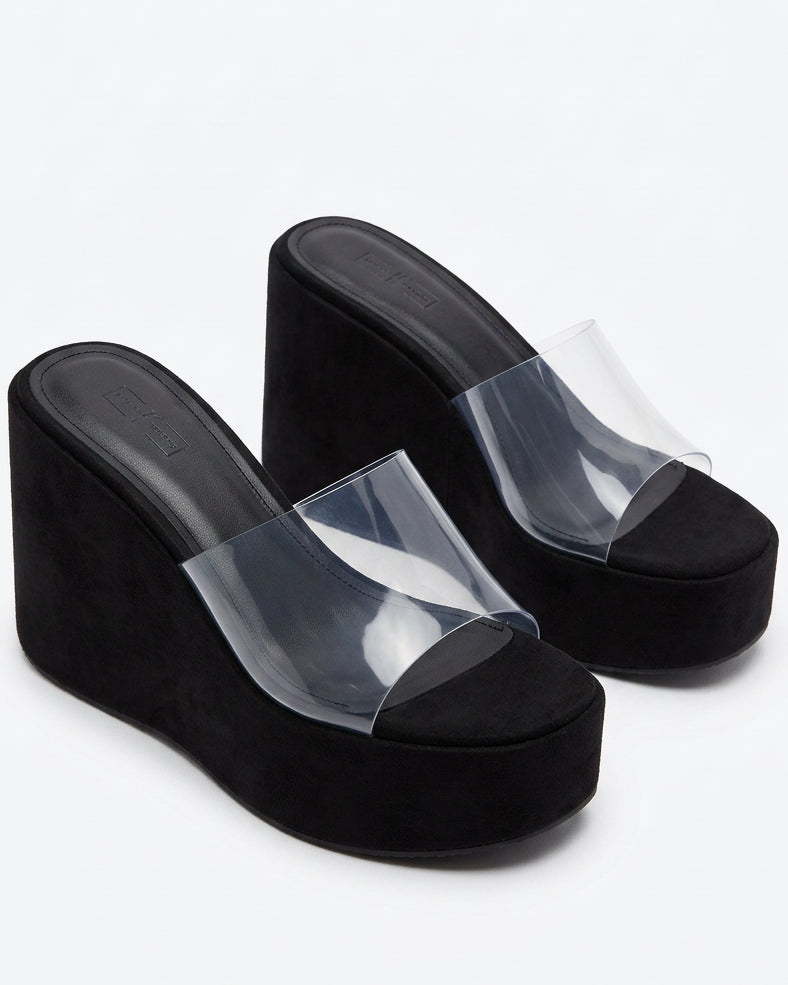 Clear Strap Black Platform Wedge Sandals