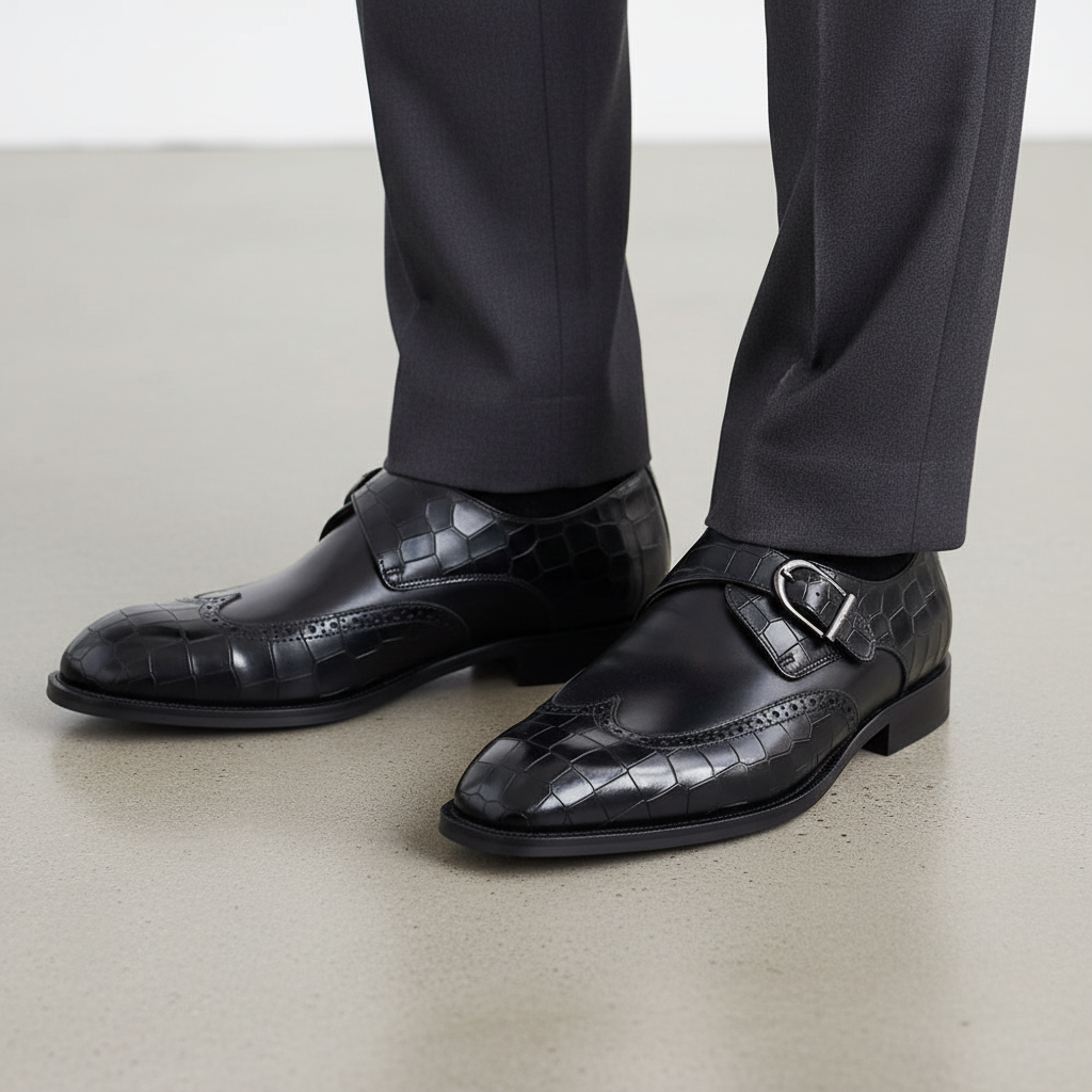 Richwanaz Classic Black Textured Strap Shoe