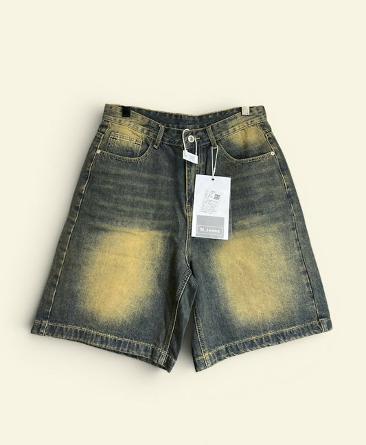 Unisex Vintage Washed Charcoal Denim Jorts (Yellow Fade)