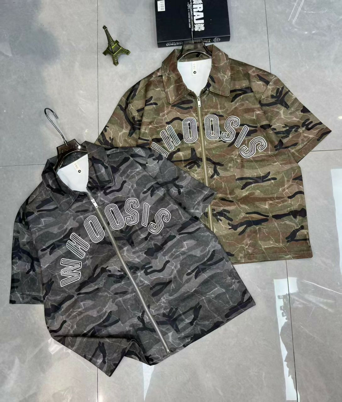 Rhinestone Camo Zip-Up Shirt