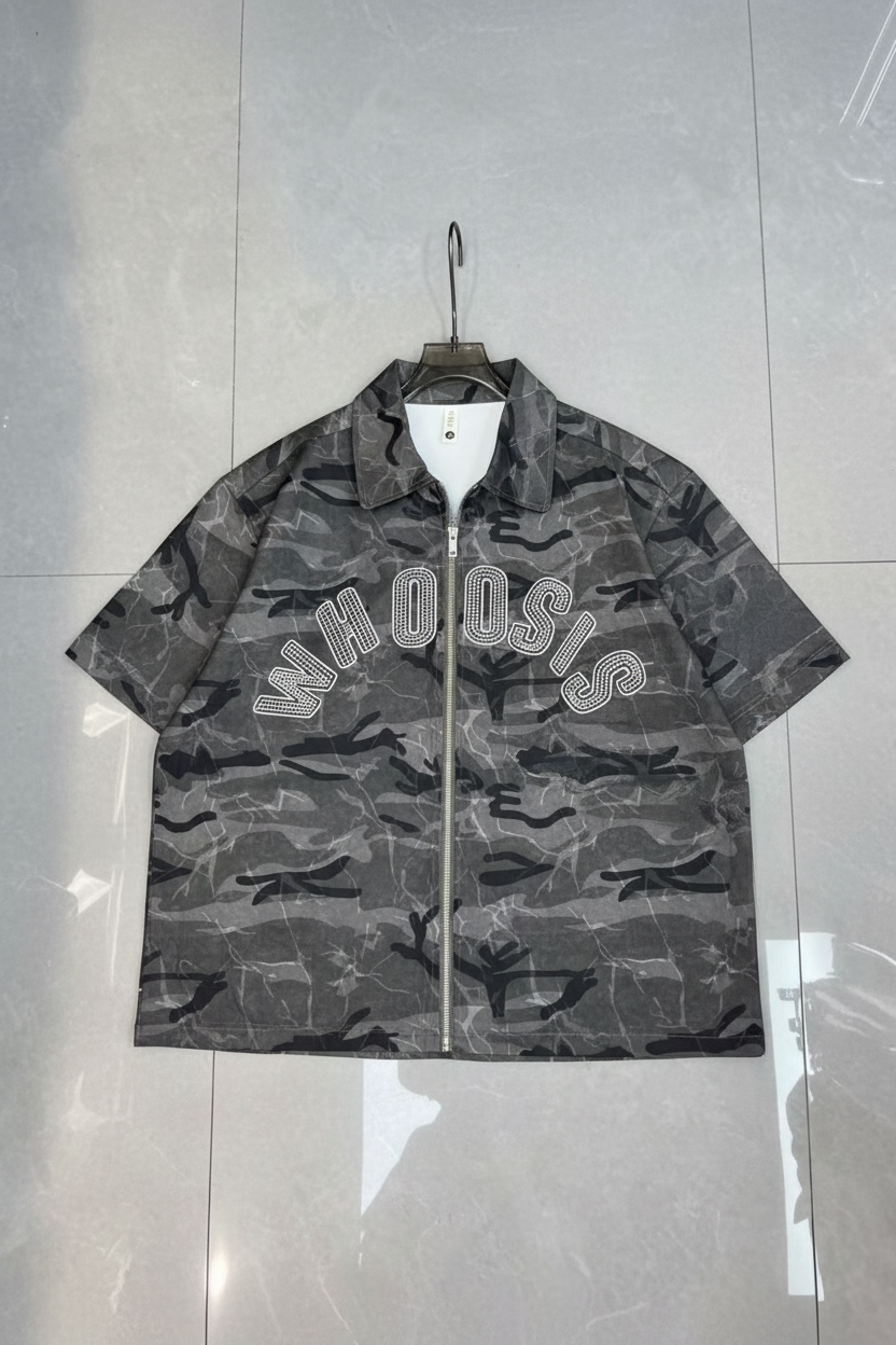 Rhinestone Camo Zip-Up Shirt