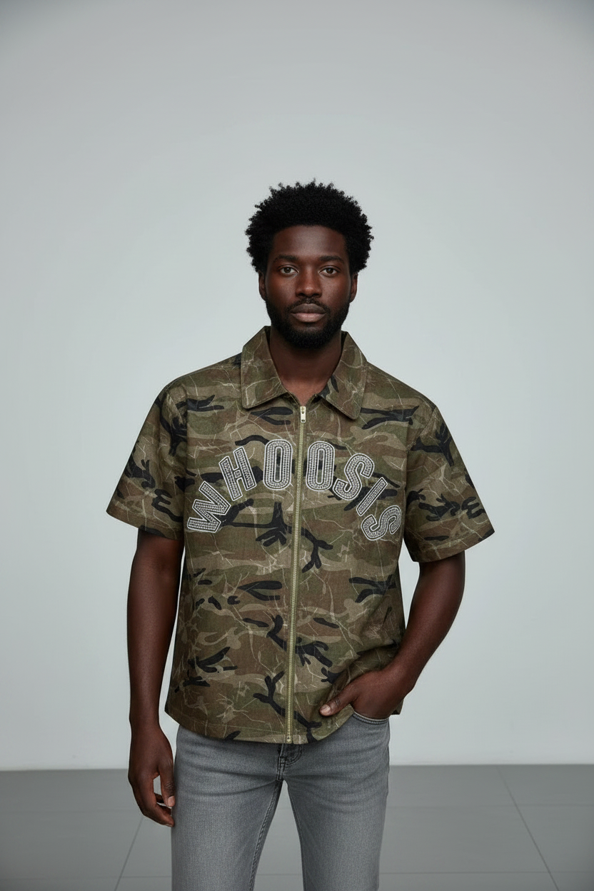 Rhinestone Camo Zip-Up Shirt