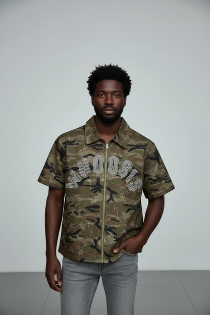 Rhinestone Camo Zip-Up Shirt