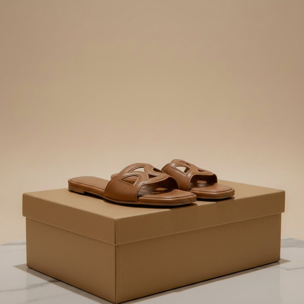 A pair of tan leather slide sandals with a decorative cutout logo on the straps, displayed on a cardboard shoe box on a white surface with a decorative vase in the background.