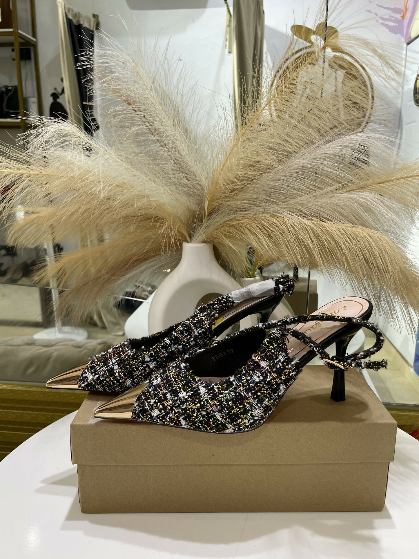 Tweed Slingback Pointed Toe Sandals Heel