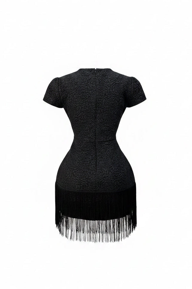 Rose Jacquard Fringe Mini Dress